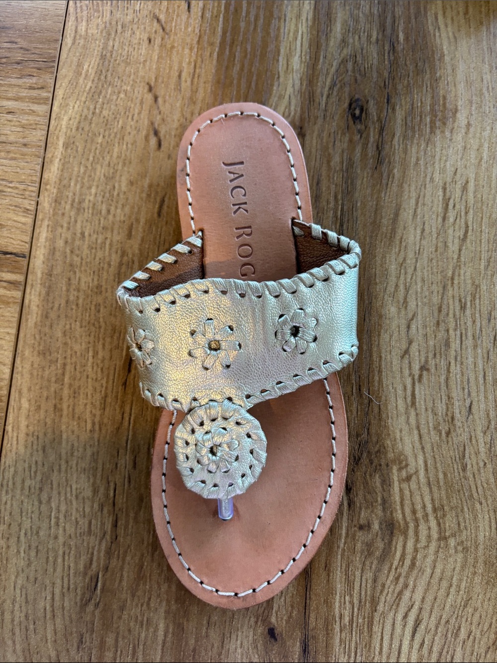Jack Rogers Metallic Gold Leather Slide Sandals with Tan Footbed - Picture 4 of 4